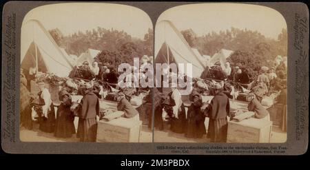 Hilfsarbeiten -- die Verteilung von Kleidung an die Erdbebenopfer in San Francisco, Cal. , Bekleidungshilfe, Katastrophenopfer, Erdbeben, San Francisco Earthquake and Fire, Kalifornien, 1906 Stockfoto