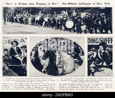 Die Frauenwahlpilgerreise vom Juli 1913 war ein friedlicher marsch in Ealing und Hyde Park, London, um der britischen Regierung zu zeigen, wie viele Frauen aus dem ganzen Land das Wahlrecht forderten. Stockfoto