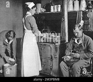 VAD Krankenschwester & verwundete Soldaten bereiten Krankenhausmahlzeit vor, 1. Weltkrieg Stockfoto