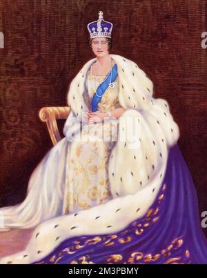 Ihre Majestät Königin Elizabeth (1900-2002), trägt Kronenbademäntel, 1937. Von Louis Dezart. Die Krönung von George VI. Fand am 12. Mai 1937 in der Westminster Abbey statt, dem Datum, das zuvor für die Krönung seines Bruders Edward VIII vorgesehen war. Stockfoto