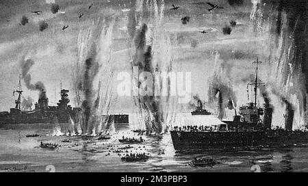 Am Samstagmorgen, dem 29. März, während der Schlacht von Kap Matapan vor der griechischen Küste, müssen britische Schiffe ihre Bemühungen zur Rettung italienischer Überlebender aufgrund von Angriffen deutscher Bomber aufgeben. Die Schlacht führte zum Verlust oder zur Beschädigung mehrerer italienischer Kriegsschiffe. Datum: 27.-29. März 1941 Stockfoto