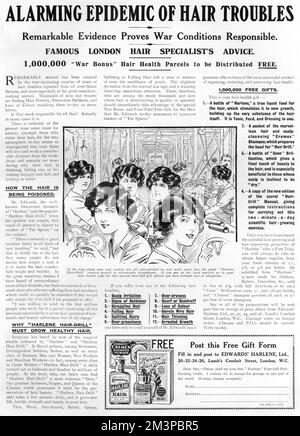 Reklame für Harlene Haarprodukte aus dem Ersten Weltkrieg, in der ausführlich über die „alarmierende Epidemie von Haarproblemen“ diskutiert wird, die aus Kriegsbedingungen resultiert. Jeder, der sich Sorgen um seine Frisur macht, wie diese weiblichen Munitionsarbeiter, könnte für eine vierseitige Broschüre an Edwards' Harlene Ltd in Lamb's Conduit Street, London schreiben. Datum: 1916 Stockfoto
