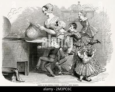 Der Weihnachtspudding: Fünf erregbare Kinder freuen sich über den Anblick eines Pflaumenpudding, der in Musselin eingewickelt ist und von zwei belästigten viktorianischen Frauen gehalten wird. 1848 Stockfoto