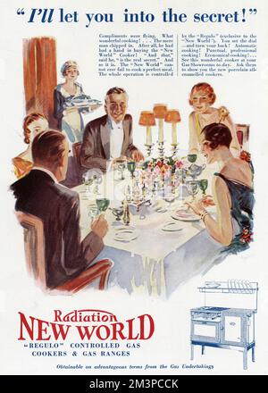 Die „Neue Welt“-Strahlung wird durch „Regulo“, automatisches Kochen, gesteuert! Datum: 1928 Stockfoto