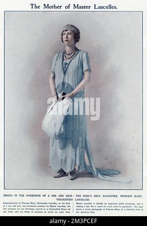 Prinzessin Mary, Prinzessin Royal und Gräfin von Harewood (Victoria Alexandra Alice Mary; 18971965) - Mitglied der britischen Königsfamilie - das dritte Kind und einzige Tochter von König George V. und Königin Mary. Ihr erster Sohn George Lascelles, 7. Earl of Harewood, geboren am 1923. Februar. Sie trägt ein schönes Kleid in ihrem Lieblingsblau. 1923 Stockfoto