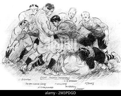Eine Szene aus dem England gegen Wales-Rugby-Gewerkschaftsspiel in Twickenham, 10-9 von England bei der fünf-Nationen-Meisterschaft gewonnen. Hier stoßen Engländer und walisische Stürmer in einem Ruck auf den Ball. Datum: 17. Januar 1914 Stockfoto