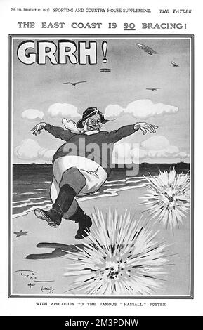 Die Ostküste ist SO aufregend - mit Entschuldigungen für das berühmte „Hassall“-Poster. Zeichentrickfilm von J. H. Thorpe, der sich auf John Hassalls berühmtes lustiges Reiseposter „Skegness is so Bracing“ bezieht, aber angepasst wurde, um einen Kommentar zu den Bombardierungen an der Ostküste abzugeben, die Großbritannien während des Ersten Weltkriegs erlitten hat. Datum: 1915 Stockfoto