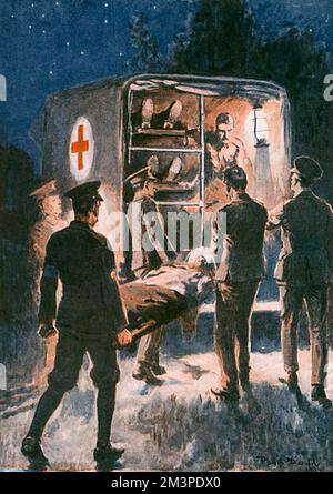Verwundete in einen Krankenwagen überführen, 1. Weltkrieg Stockfoto
