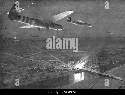 Das Epic von Arnheim, wo die erste Division der Luftfahrt während des Zweiten Weltkriegs aktiv wurde. Sie zeigen die Szene über der Stadt Arnhem, als Verstärkung mit einem Gleiter rüberkam. Datum: 1944 Stockfoto