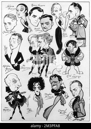 International Flimmer Folk: Eine Seite der Celluloid-Stars. Eine Seite mit Karikaturen von Filmstars von Sherriffs, darunter Gloria Swanson, Charlie Chaplin, Ronald Colman, Greta Garbo, Clara Bow und Douglas Fairbanks. Datum: 1928 Stockfoto