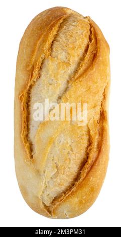 Weißbrot frisch gebackenes Baguette isoliert auf weißem Hintergrund, Draufsicht. Stockfoto