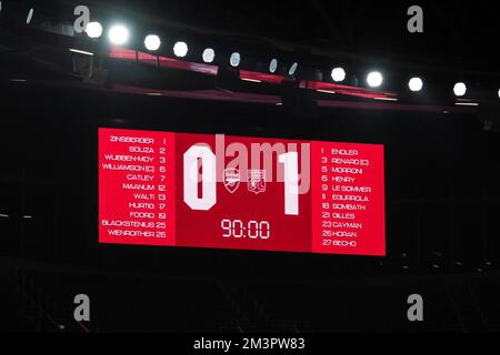 London, Großbritannien. 15.. Dezember 2022. London, England, Dezember 15. 2022: Endergebnis und Aufstellung während des Spiels der UEFA Womens Champions League zwischen Arsenal und Olympique Lyonnais im Emirates Stadium in London, England (Natalie Mincher/SPP). Guthaben: SPP Sport Press Photo. Alamy Live News Stockfoto