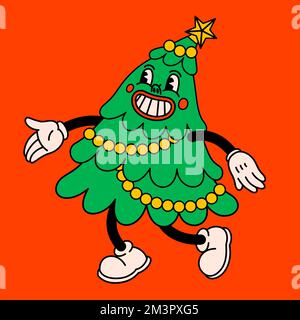 Fröhliche Weihnachten und ein frohes neues Jahr, trendige Cartoon-Charaktere im Retro-Look. Toller Hippie-Weihnachtsbaum. Vektor-Cartoon-Figuren und -Elemente. Stock Vektor