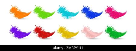 Vector 3D realistisches mehrfarbiges flauschiges Federset, isoliert auf weißem Hintergrund. Designvorlage für Flamingo, Angel, Vogelfedern Stock Vektor