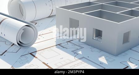 Architekturzeichnungen, Baumodell auf Bauplan, Baukonzept, Nahansicht. 3D-Rendern Stockfoto