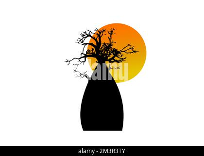 Boob oder Baobab Baum Vektor isoliert, Baumsilhouette Logo Konzeptsymbol, Illustration isoliert auf Sonnenuntergang Hintergrund Stock Vektor