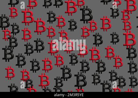 Nahtloses Muster für rote und schwarze 3D-Bitcoin-Zeichen Stockfoto