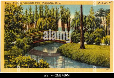 Rustikale Brücke in Greenfield Park, Wilmington, N. C. , Brücken, Parks, Tichnor Brothers Collection, Postkarten der Vereinigten Staaten Stockfoto