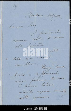 Autogrammbrief von S. G. Howe unterzeichnet an [Thomas Wentworth Higginson], Boston, Mai [1858] , Abolitionists, Vereinigte Staaten, Anti-Sklaverei-Bewegungen, USA, Geschichte, 19.. Jahrhundert, Harpers Ferry W.A., Geschichte, John Browns RAID, 1859, Forbes, Hugh, aktiv ca. 1848-ca. 1857, Seward, William H. William Henry, 1801-1872. John Brown. Korrespondenz über John Brown und den Überfall auf Harpers Ferry Stockfoto