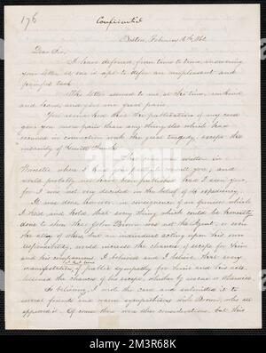 S. G. Howe Brief unterzeichnet an [Thomas Wentworth Higginson], Boston, 16. Februar 1860 , Abolitionists, United States, Anti-Sklaverei-Bewegungen, United States, History, 19. Century, Harpers Ferry W.A., History, John Brown's RAID, 1859, Brown, John, 1800-1859. John Brown. Korrespondenz über John Brown und den Überfall auf Harpers Ferry Stockfoto