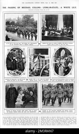 Seite mit einer Reihe von Fotos, die die Beerdigungszeremonie für den irischen Revolutionsführer Michael Collins (1890-1922) zeigen, der im August 1922 während des irischen Bürgerkriegs in einem Hinterhalt erschossen und getötet wurde. Datum: 1922 Stockfoto