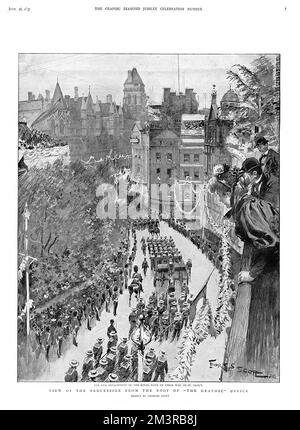 Luftaufnahme vom Dach des Grafikbüros der Jubiläumsfeier von Königin Victoria am 20. Juni 1897, mit der Waffenabteilung der Royal Navy auf dem Weg zur St Paul's Cathedral. Datum: 20. Juni 1897 Stockfoto