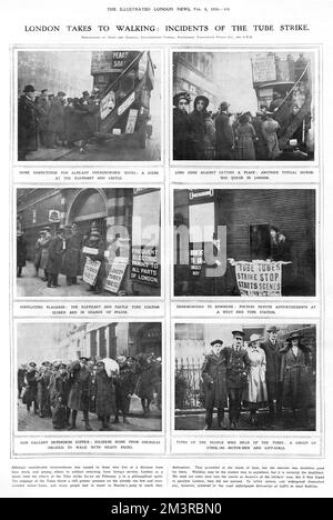 London geht zu Fuß: Vorfälle des U-Bahn-Streiks von 1919, wie in den illustrierten London News berichtet. Der Streik begann am 3.. Februar, als die Londoner eine philosophische Haltung an den Warteschlangen und den überfüllten Bussen annahmen, von denen viele stattdessen zu Fuß zu ihren Zielen gingen. Auf dieser Fläche sehen Sie die U-Bahn-Station Elephant und Castle, die von der Polizei und den Streikenden selbst geschlossen und bewacht wird. 1919 Stockfoto