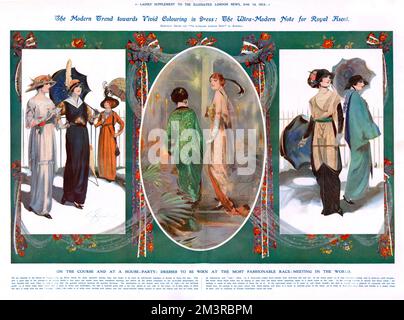 Eine Reihe von Abbildungen zeigen modische, farbenfrohe Kleider und Kleidungsstücke, die Frauen im Royal Ascot 1913 tragen sollten. Links ein weißes Crepekleid mit smaragdgrünem Gürtel und einer roten Rose auf einer Seite der Taille; eine blaue serge mit weißem Leinenkragen und einem mehrfarbigen indischen Foulard; ein Terrakotta-Crepon-Kleid mit dunkelblauer Seide und Netz. In der Mitte befindet sich ein Abendmantel in Grün und Goldbrokat und ein weiteres Abendmotiv in Aprikosen- und Flammenfarbe. Auf der rechten Seite befindet sich ein Kleid aus schwarzer Brosche mit dem Rock über einem Gips aus Zimtseide und Spitze Stockfoto
