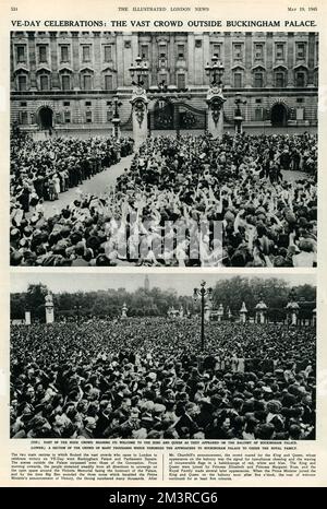 Eine Seite der illustrierten London News, die die riesigen Menschenmassen vor dem Buckingham Palace am VE Day zeigt. Datum: 8.. Mai 1945 Stockfoto
