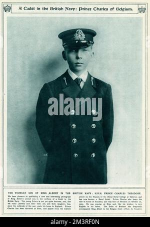 Prinz Charles, Graf von Flandern, Prinz von Belgien (1903 1983), zweiter Sohn von Albert I., König der Belgier und Herzogin Elisabeth in Bayern. Hier wurden nicht ganz 14 fotografiert, in Uniform, Kadett, Britische Marine. Während des Ersten Weltkriegs machten Albert I, König der Belgier und Herzogin Elisabeth und ihre Kinder ihr Zuhause in England. Datum: 1917 Stockfoto