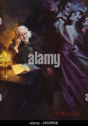 FRANZ LISZT ungarischer Musiker (1811-1886) - eine ungewöhnliche Komposition, die Liszt tief in Gedanken, gebadet von Kerzenlicht, zeigt, während ein Paar in einem romantischen Knast tanzt, vermutlich zu seiner Musik. Datum: 1938 Stockfoto