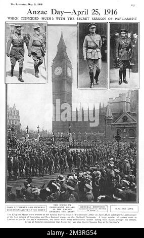Feier des Jahrestags der ersten Landung des australischen und neuseeländischen Armeekorps (Anzac) auf der Halbinsel Gallipoli auf dem Parliament Square. 1916 Stockfoto