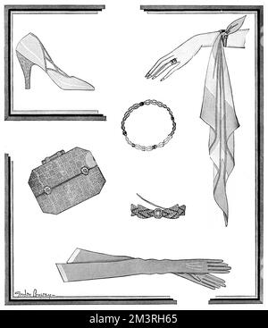 Originalzubehör, entworfen vom amerikanischen Kostümdesigner Gordon Conway. Der Schuh ist mit Satin besetzt und hat Brokat, passend zur Tasche; die Klammern der Tasche bestehen aus Diamanten und Platin, mit einem Lippenstift-Gehäuse oben. Die Halskette ist aus geschnittenem Kristall und Onyx, genau wie die Barette. Die Handschuhe sind aus Samt und weichem Wildleder, und das Taschentuch am Handgelenk ist in zwei Chiffontönen gehalten. Datum: 1930 Stockfoto