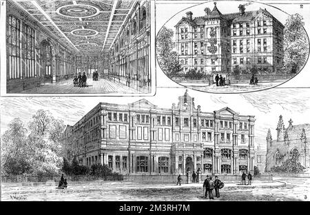 Neue Gebäude des London Hospital in Whitechapel, East London, eröffnet im Jahr 1887 vom Prinzen und der Prinzessin von Wales. Oben links ist die Bibliothek der medizinischen Hochschule, oben rechts das Pflegeheim und unten das Bild zeigt die medizinische Hochschule. Datum: 1887 Stockfoto