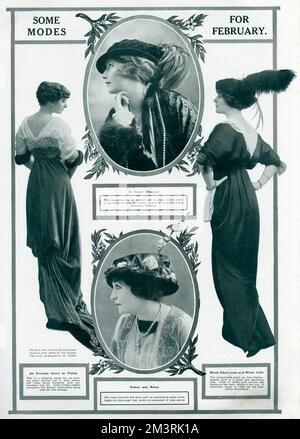Damen-Models, die die neueste modische Kleidung aus Paris tragen, mit Samt und Seidenhüten, zusätzlichen Paradiesvögeln und Blumenmotiven. Zwei Frauen zeigen ihre bezaubernden Abend- und Nachmittagskittel von hinten, mit hohen Taillen und Falten. 1913 Stockfoto