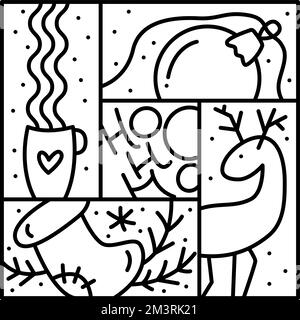 Weihnachtslogo Schneeflocke, Hirsch, Tasse Kaffee und Tannenspielzeug. Handgezeichneter Monolin-Wintervektorkonstruktor im quadratischen Rahmen für Stock Vektor