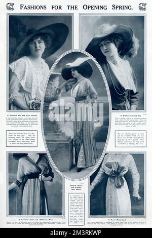 Drei Damen-Models mit attraktiven Hüten, die hervorragend für die 1912 geeignet sind. März 1912 Stockfoto