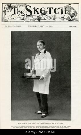 Titelseite des Sketch Magazins mit einem Foto von William Montague („Kim“), 9. Duke of Manchester. Im Alter von 22 Jahren, die sich als amerikanischer Barkeeper auf einem Charing Cross Hospital Bazar in der Albert Hall ausgeben. Datum: 1899 Stockfoto