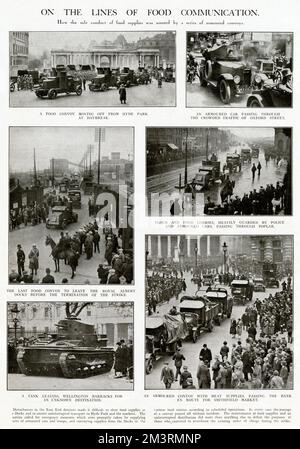 Der Generalstreik im Jahr 1926 forderte Notfallmaßnahmen, gepanzerte Fahrzeuge und Truppen in einem Konvoi durch die Straßen, die dringend benötigte Nahrung transportierten. Datum: Mai 1926 Stockfoto