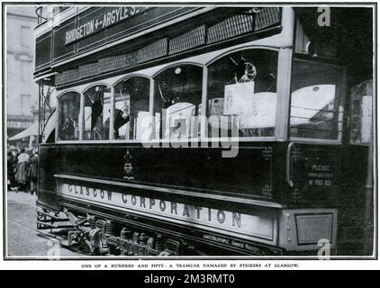 Eisenbahnstreik 1911: Straßenbahnschäden durch Streikende in Glasgow Stockfoto