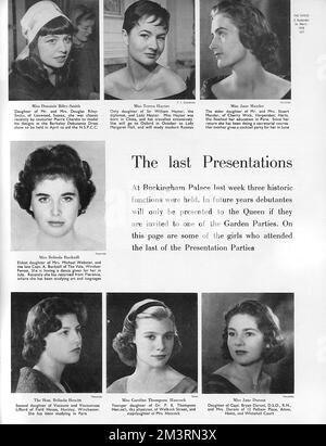 Seite von der Tatler berichtet über die letzten Präsentationen der Debütantinnen vor der Königin im Buckingham Palace in der Saison 1958. Die Vorträge des Hofes, die seit dem 18.. Jahrhundert ein Höhepunkt des Gesellschaftskalenders waren, wurden vom Buckingham Palace, einem Teil der Modernisierungsbestrebungen, entbunden. Auf dieser Seite sehen Sie einige der Mädchen, die an den letzten Präsentationsfeiern teilgenommen haben: Dominie Riley-Smith, Teresa Hayter, Jane Mander, Belinda Buckhill, Belinda Hewitt, Caroline Thompson Hancock, Jane Durant. Datum: 1958 Stockfoto