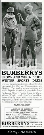 Anzeige für Burberry Skiausrüstung 1923 Stockfoto