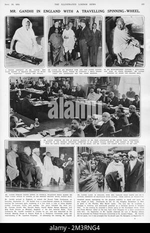 Mr. Gandhi in England mit einem drehenden Rad, 1931 Stockfoto