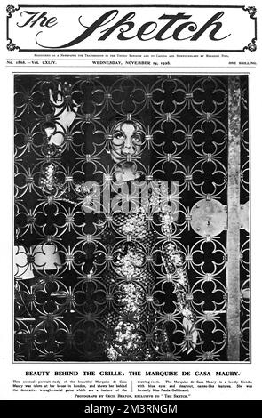 Titelseite des Sketch Magazins mit einem Foto der Marquise de Casa Maury, früher Miss Paula Gellibrand. In einem Metallic-Kleid, das durch dekorative Schmiedemetalltore von Cecil Beaton blickt. Datum: 1928 Stockfoto