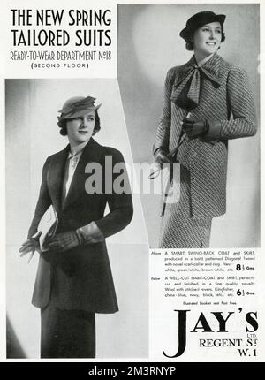 Model trägt elegante maßgeschneiderte Anzüge für den Frühling. 1937 Stockfoto