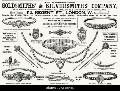 Anzeige für Gold- und Silberschmiede-Schmuck 1894 Stockfoto