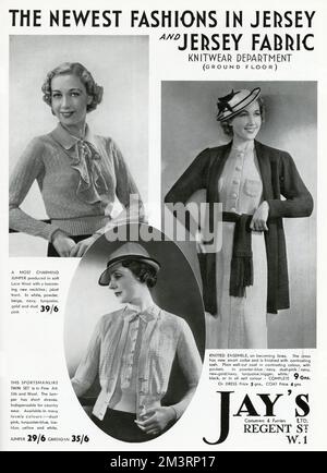 Werbung für Jay's Jersey Strickmode für Damen 1937 Stockfoto