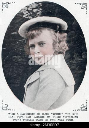 Mary, Prinzessin Royal und Gräfin von Harewood (1897-1965), im Jahr 1901 vier Jahre alt, drittes Kind und einzige Tochter von König George V. und Königin Mary. Hutband von H.M.S. "Ophir", das Schiff, das ihre Eltern auf ihre australische Tour mitnahm. Datum: 1901 Stockfoto