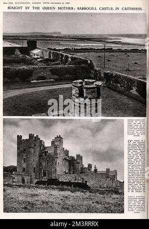 Gekauft von der Königinmutter: Barrogill Castle (später bekannt als das Schloss von Mey) in Caithness, Nordschottland. Das obere Bild zeigt den Blick nach Westen nach Dunnet Head, dem nördlichsten Punkt des britischen Festlands, mit dem unteren Bild, das die Burg aus dem Nordosten betrachtet. 1952 Stockfoto