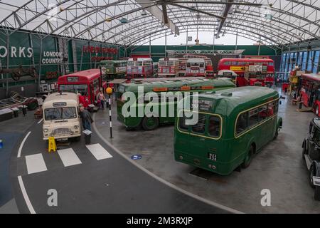 Allgemeiner Blick in das London Bus Museum, Teil des Brooklands Museum, Surrey, Großbritannien. Stockfoto